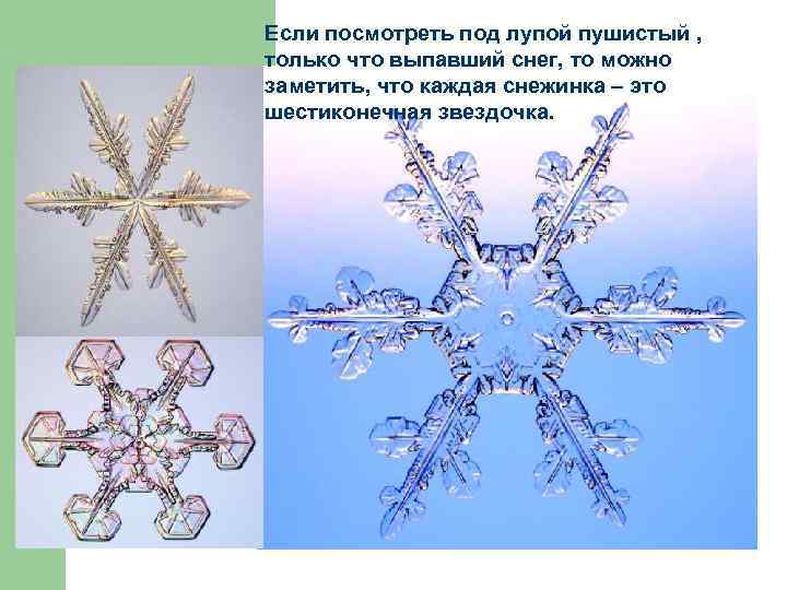 Если посмотреть под лупой пушистый , только что выпавший снег, то можно заметить, что