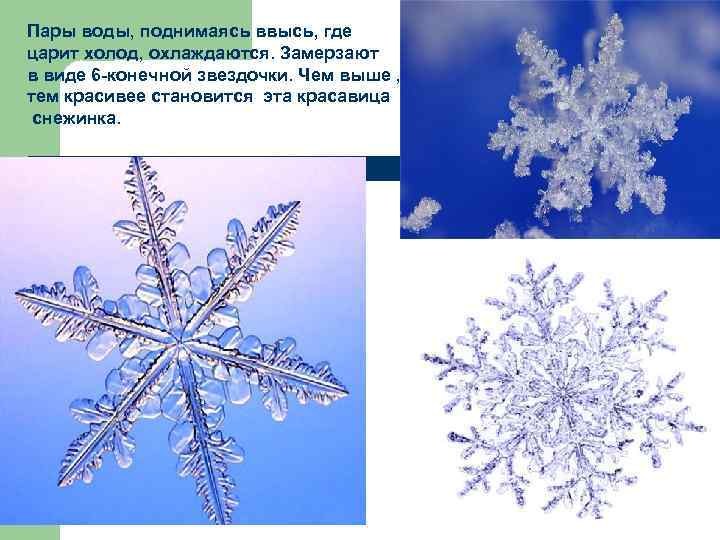 Пары воды, поднимаясь ввысь, где царит холод, охлаждаются. Замерзают в виде 6 -конечной звездочки.