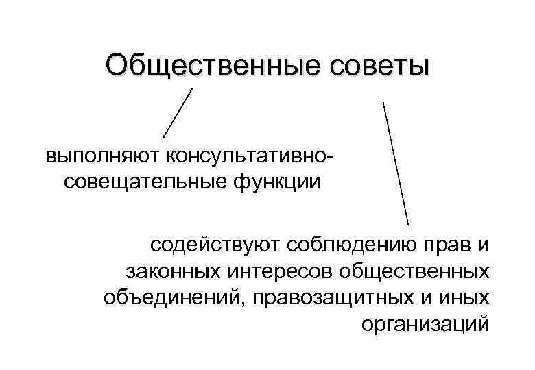 Общественные советы выполняют консультативносовещательные функции содействуют соблюдению прав и законных интересов общественных объединений, правозащитных