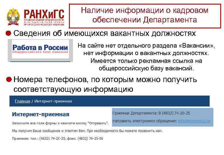 Наличие информации о кадровом обеспечении Департамента Сведения об имеющихся вакантных должностях На сайте нет