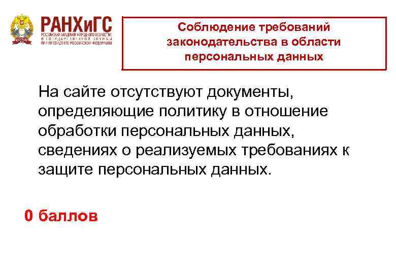 Соблюдение требований законодательства в области персональных данных На сайте отсутствуют документы, определяющие политику в