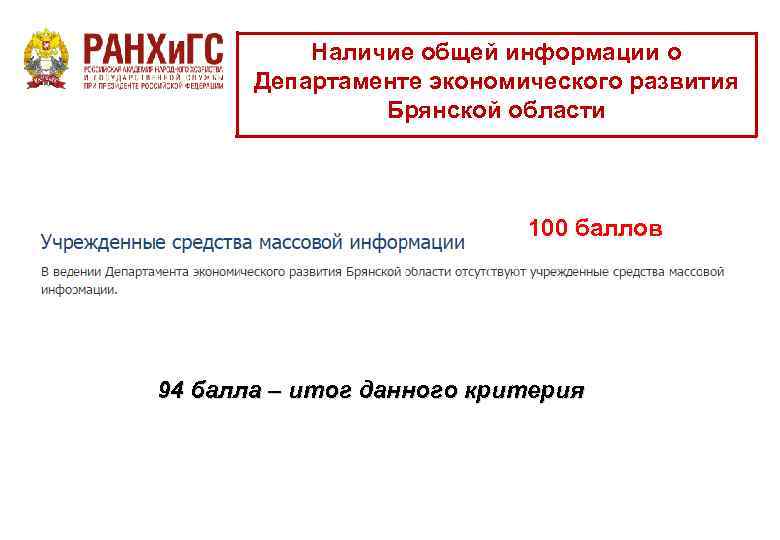 Наличие общей информации о Департаменте экономического развития Брянской области 100 баллов 94 балла –