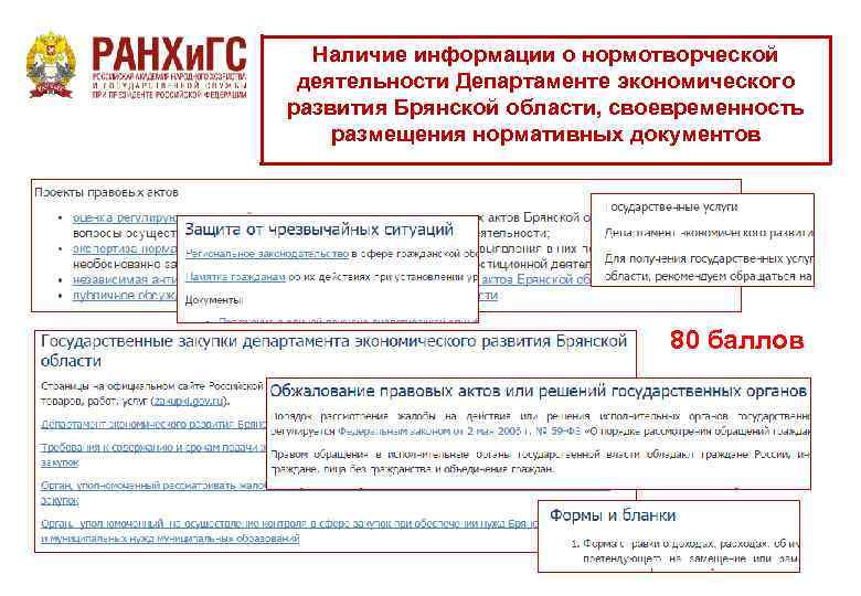 Наличие информации о нормотворческой деятельности Департаменте экономического развития Брянской области, своевременность размещения нормативных документов