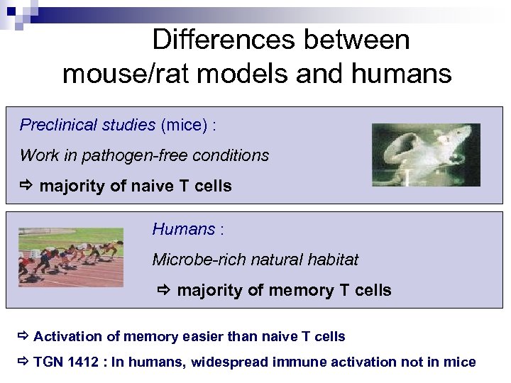  Differences between mouse/rat models and humans Preclinical studies (mice) : Work in pathogen-free