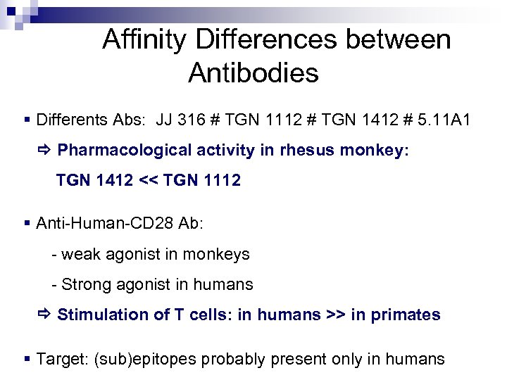  Affinity Differences between Antibodies § Differents Abs: JJ 316 # TGN 1112 #