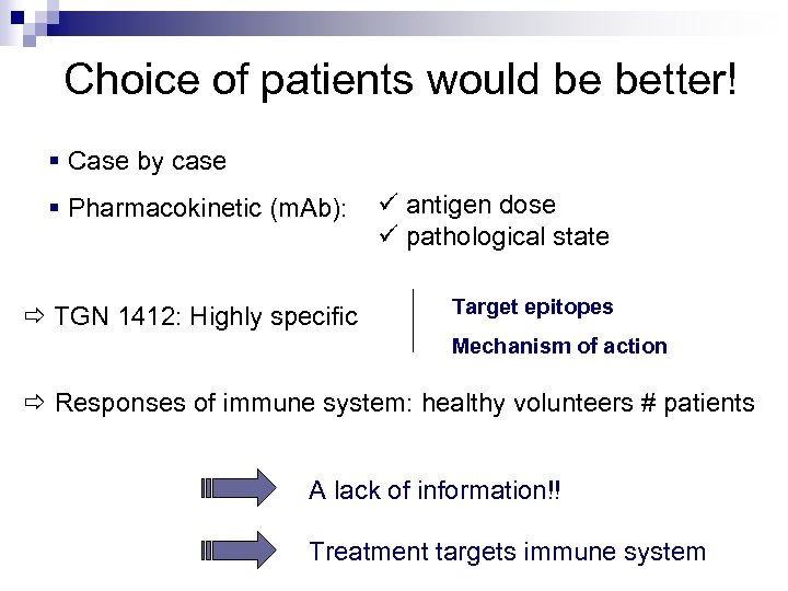  Choice of patients would be better! § Case by case § Pharmacokinetic (m.
