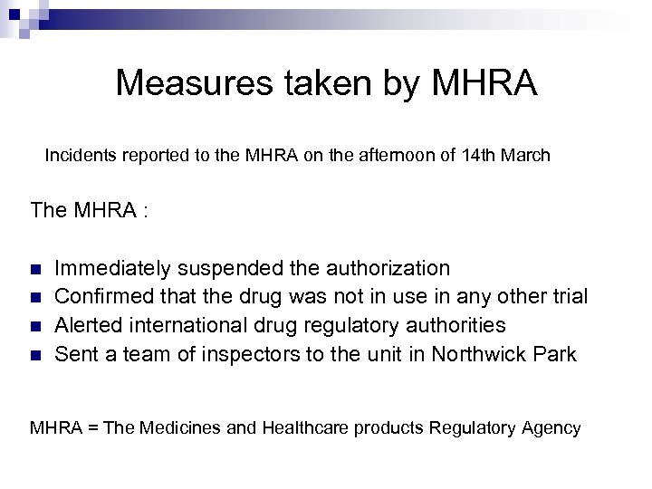 Measures taken by MHRA Incidents reported to the MHRA on the afternoon of 14