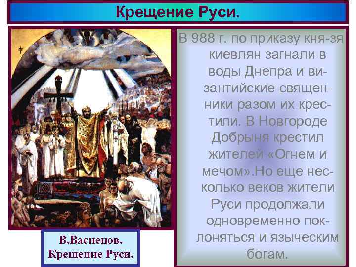 Крещение Руси. В. Васнецов. Крещение Руси. В 988 г. по приказу кня-зя киевлян загнали