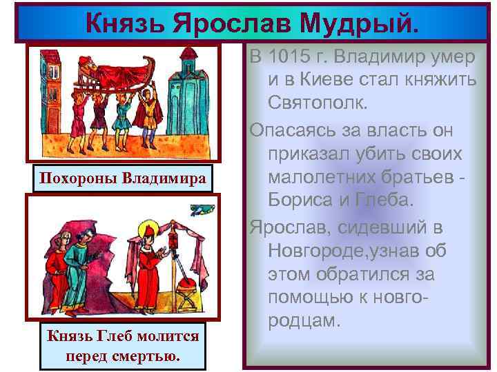 Князь Ярослав Мудрый. Похороны Владимира Князь Глеб молится перед смертью. В 1015 г. Владимир