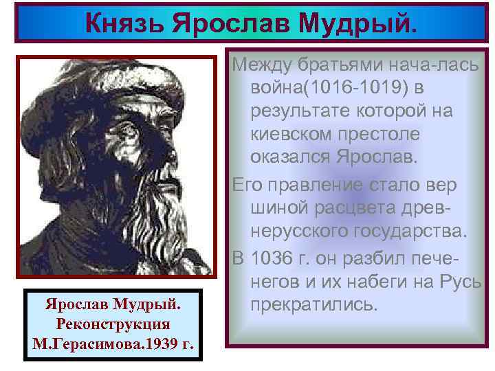 Князь Ярослав Мудрый. Реконструкция М. Герасимова. 1939 г. Между братьями нача-лась война(1016 -1019) в