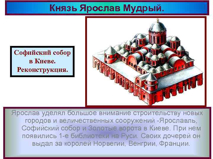 Князь Ярослав Мудрый. Софийский собор в Киеве. Реконструкция. Ярослав уделял большое внимание строительству новых