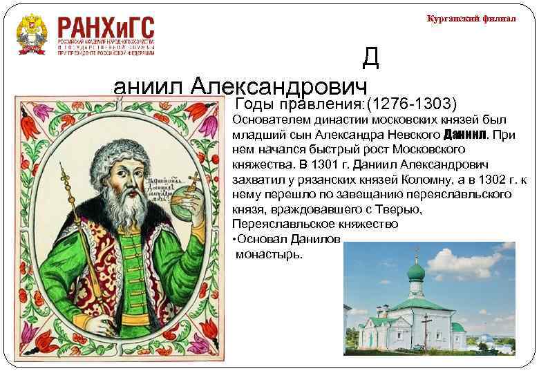 Курганский филиал Д аниил Александрович Годы правления: (1276 -1303) Основателем династии московских князей был