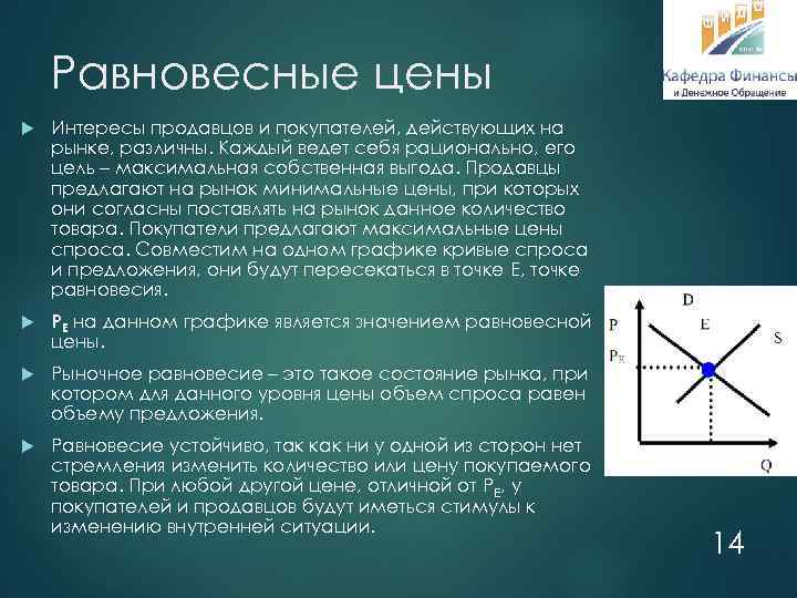 Равновесные цены Интересы продавцов и покупателей, действующих на рынке, различны. Каждый ведет себя рационально,
