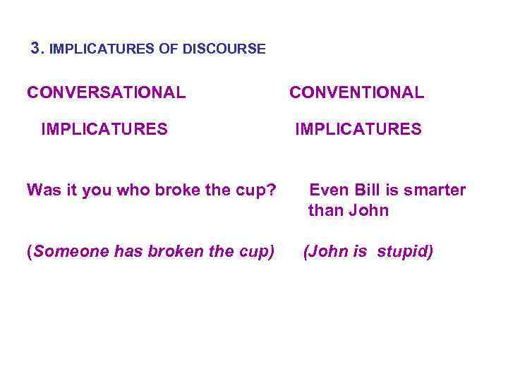 3. IMPLICATURES OF DISCOURSE CONVERSATIONAL CONVENTIONAL IMPLICATURES Was it you who broke the cup?