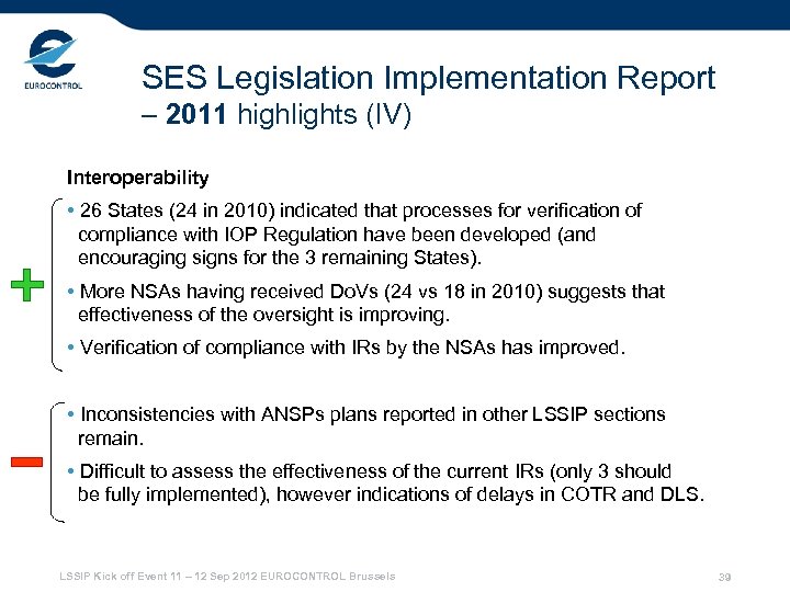 SES Legislation Implementation Report – 2011 highlights (IV) Interoperability • 26 States (24 in