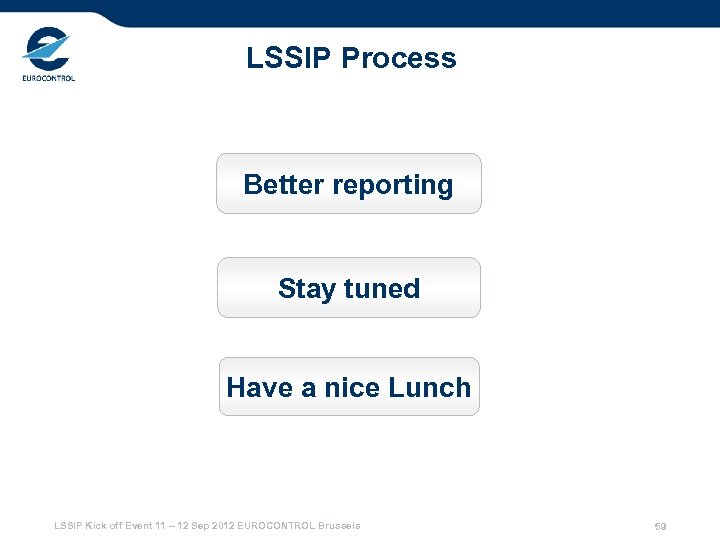 LSSIP Process Better reporting Stay tuned Have a nice Lunch LSSIP Kick off Event