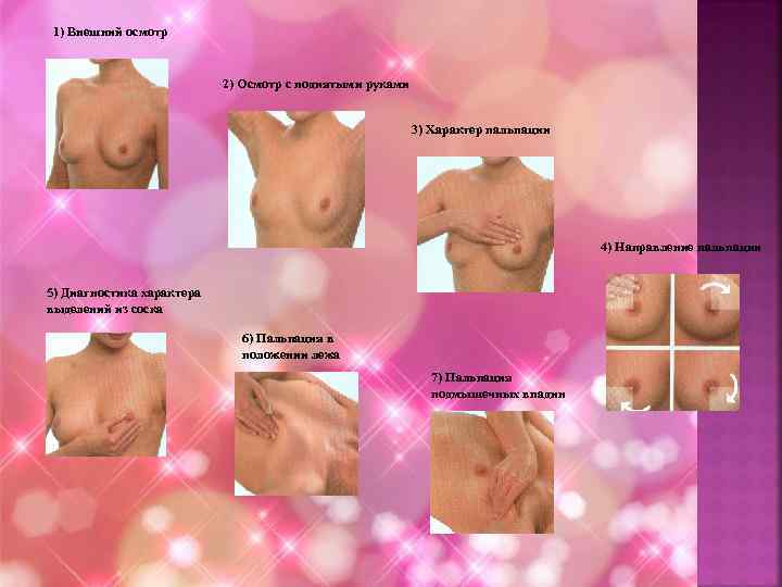 1) Внешний осмотр 2) Осмотр с поднятыми руками 3) Характер пальпации 4) Направление пальпации