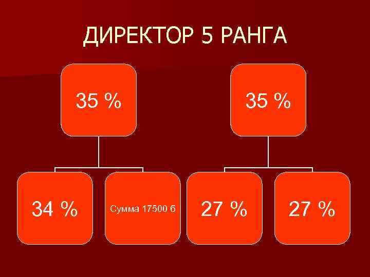 ДИРЕКТОР 5 РАНГА 35 % 34 % Сумма 17500 б 35 % 27 %