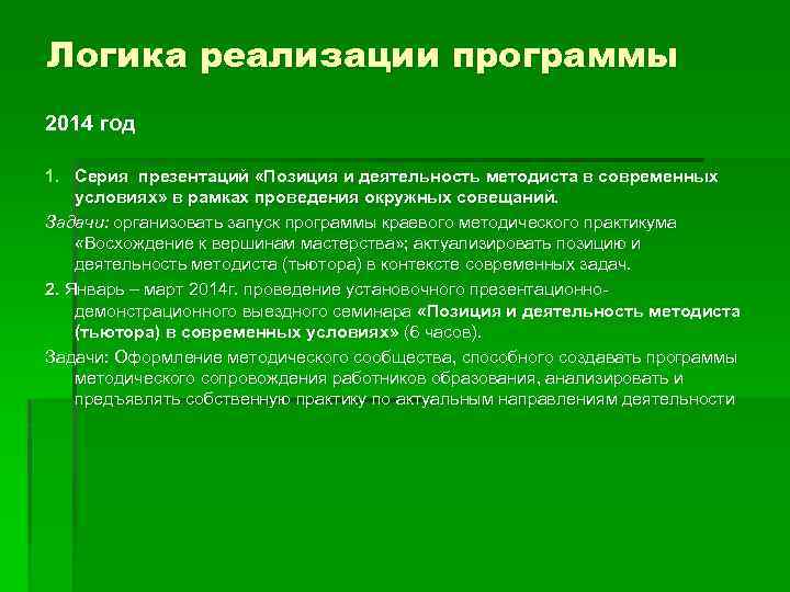 Логика реализации программы 2014 год 1. Серия презентаций «Позиция и деятельность методиста в современных