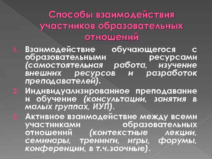 Способы взаимодействия участников образовательных отношений Взаимодействие обучающегося с образовательными ресурсами (самостоятельная работа, изучение внешних