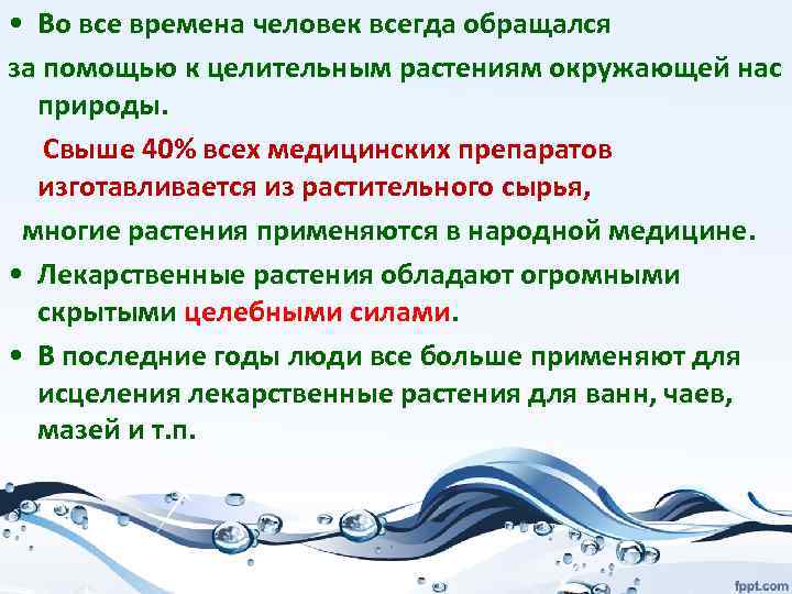  • Во все времена человек всегда обращался за помощью к целительным растениям окружающей