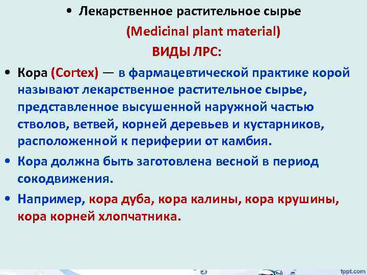  • Лекарственное растительное сырье (Medicinal plant material) ВИДЫ ЛРС: • Кора (Cortex) —