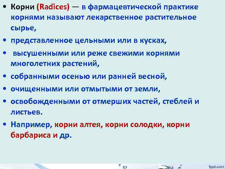  • Корни (Radices) — в фармацевтической практике корнями называют лекарственное растительное сырье, •