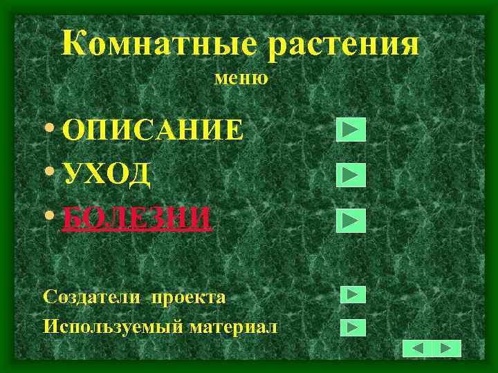 Комнатные растения меню • ОПИСАНИЕ • УХОД • БОЛЕЗНИ Создатели проекта Используемый материал 