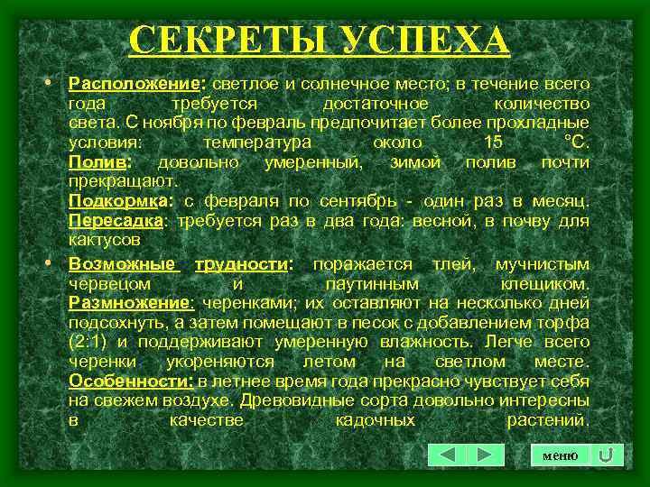 СЕКРЕТЫ УСПЕХА • Расположение: светлое и солнечное место; в течение всего года требуется достаточное