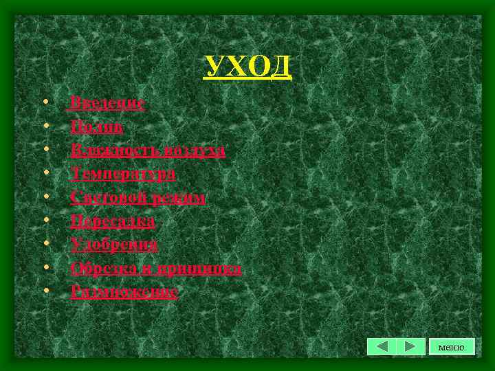 УХОД • • • Введение Полив Влажность воздуха Температура Световой режим Пересадка Удобрения Обрезка