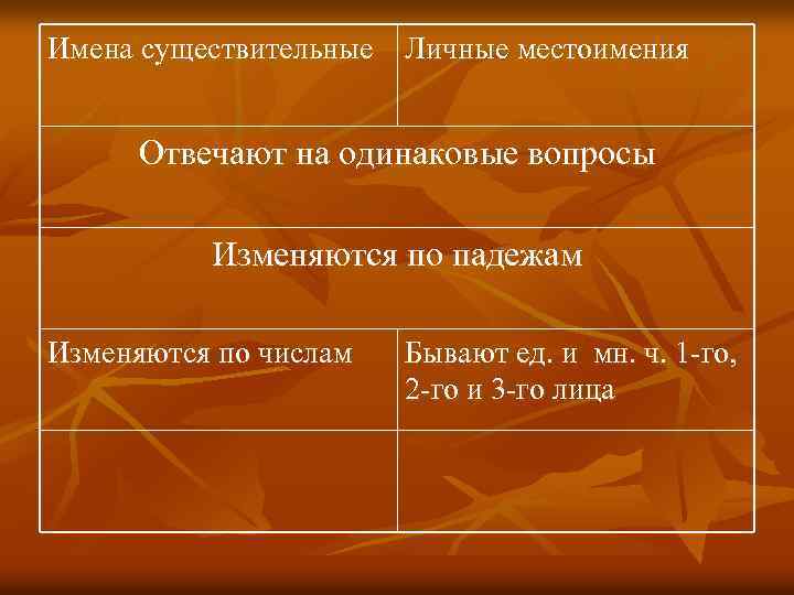 Имена существительные Личные местоимения Отвечают на одинаковые вопросы Изменяются по падежам Изменяются по числам