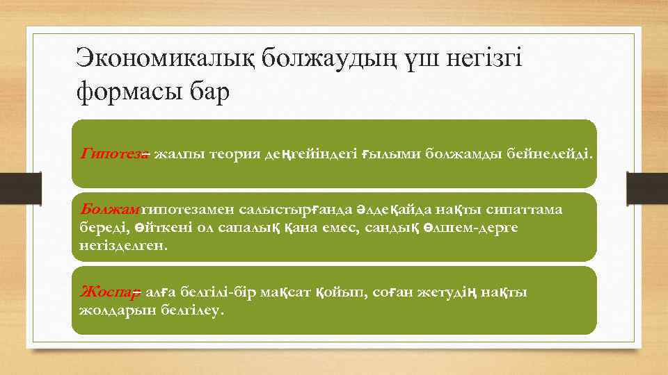 Экономикалық болжаудың үш негізгі формасы бар Гипотеза жалпы теория деңгейіндегі ғылыми болжамды бейнелейді. –