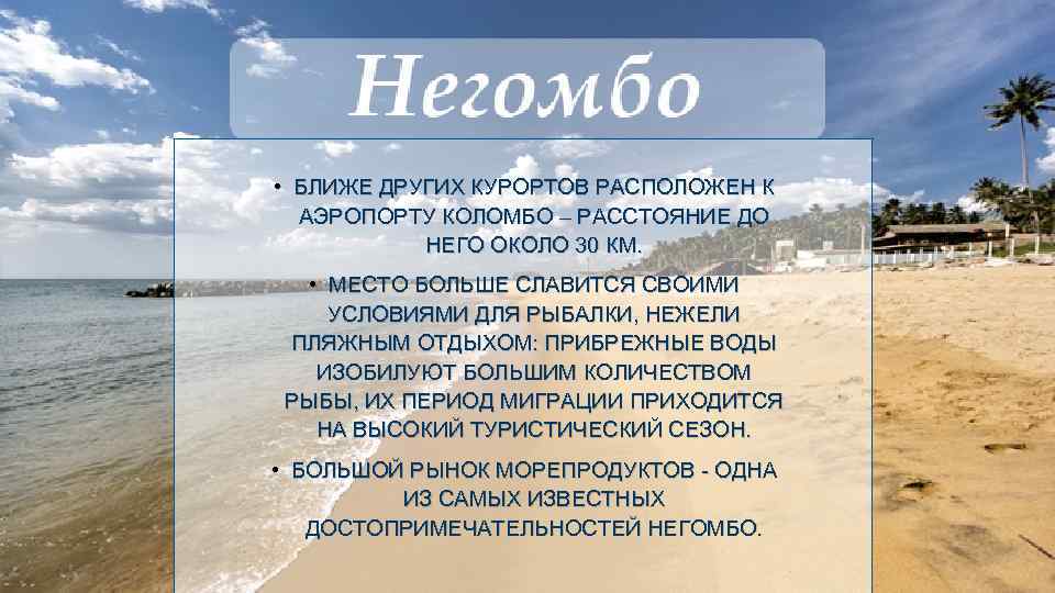  • БЛИЖЕ ДРУГИХ КУРОРТОВ РАСПОЛОЖЕН К АЭРОПОРТУ КОЛОМБО – РАССТОЯНИЕ ДО НЕГО ОКОЛО