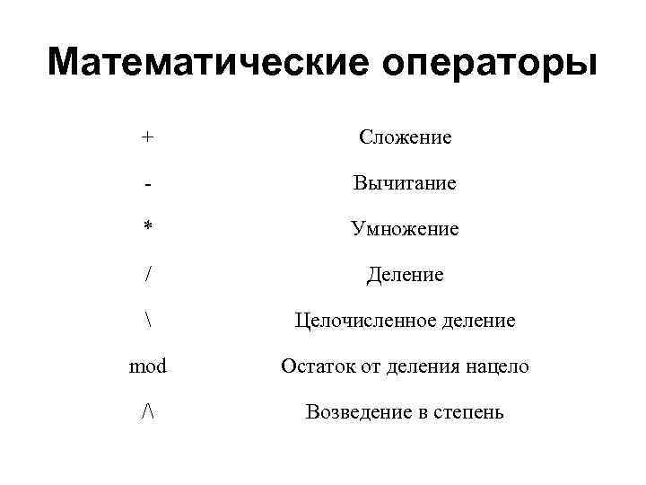 Математические операторы + Сложение - Вычитание * Умножение / Деление  Целочисленное деление mod