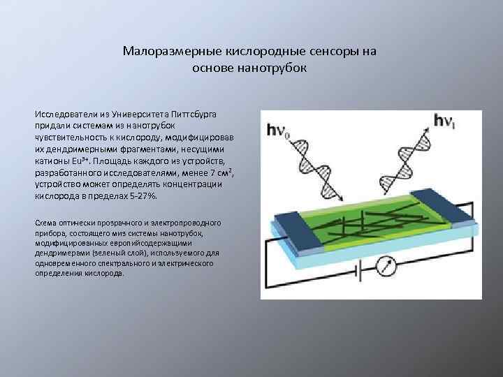 Малоразмерные кислородные сенсоры на основе нанотрубок Исследователи из Университета Питтсбурга придали системам из нанотрубок