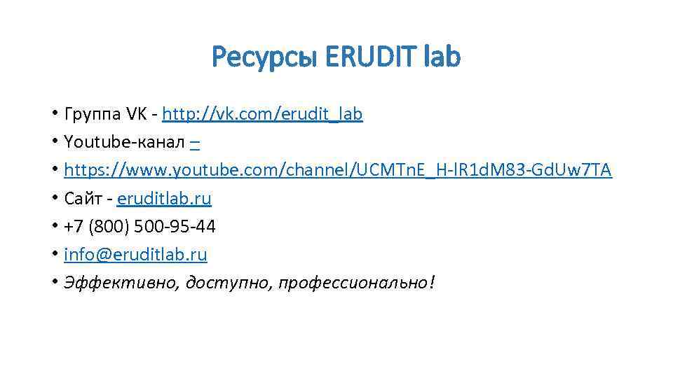 Ресурсы ERUDIT lab • Группа VK http: //vk. com/erudit_lab • Youtube канал – •