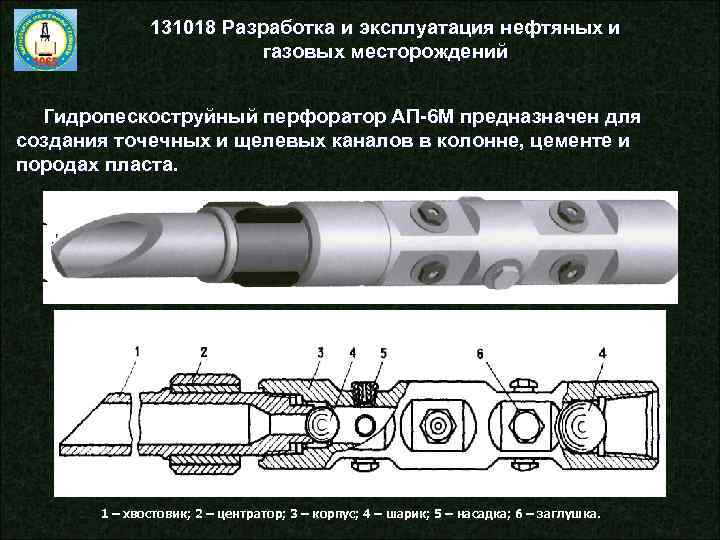 131018 Разработка и эксплуатация нефтяных и газовых месторождений Гидропескоструйный перфоратор АП-6 М предназначен для