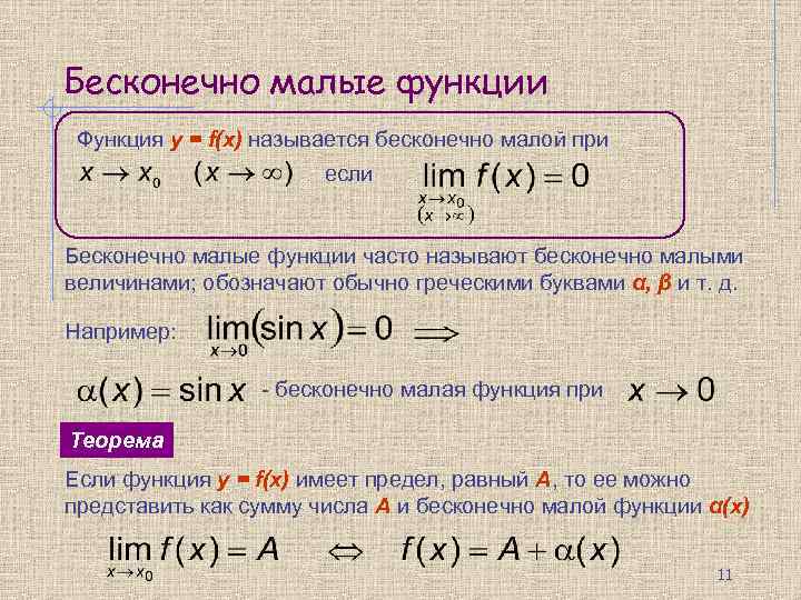 Бесконечно малые функции Функция y = f(x) называется бесконечно малой при если Бесконечно малые