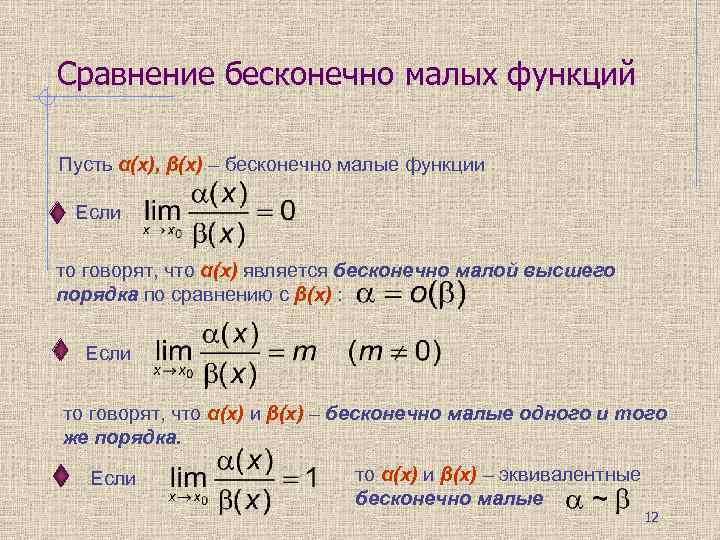 Сравнение бесконечно малых функций Пусть α(х), β(х) – бесконечно малые функции Если то говорят,