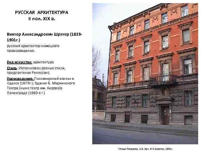 РУССКАЯ АРХИТЕКТУРА II пол. XIX в. Виктор Александрович Шретер (18391901 г. ) русский архитектор