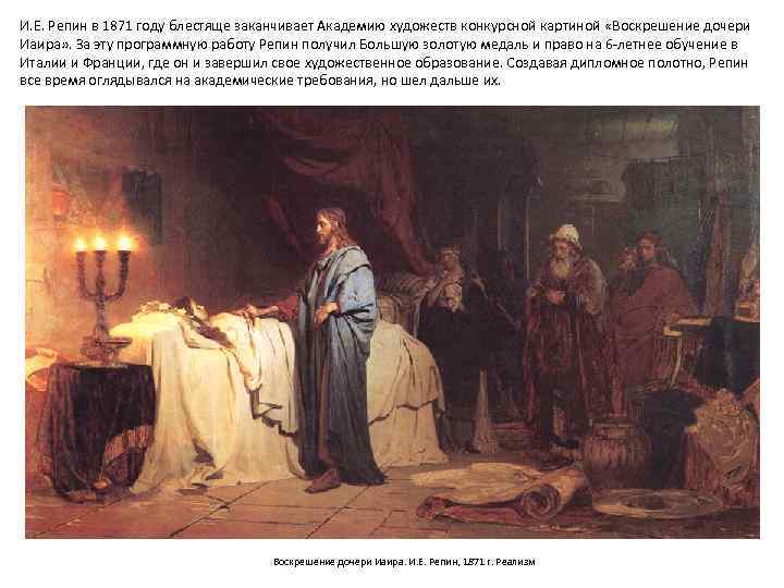 И. Е. Репин в 1871 году блестяще заканчивает Академию художеств конкурсной картиной «Воскрешение дочери