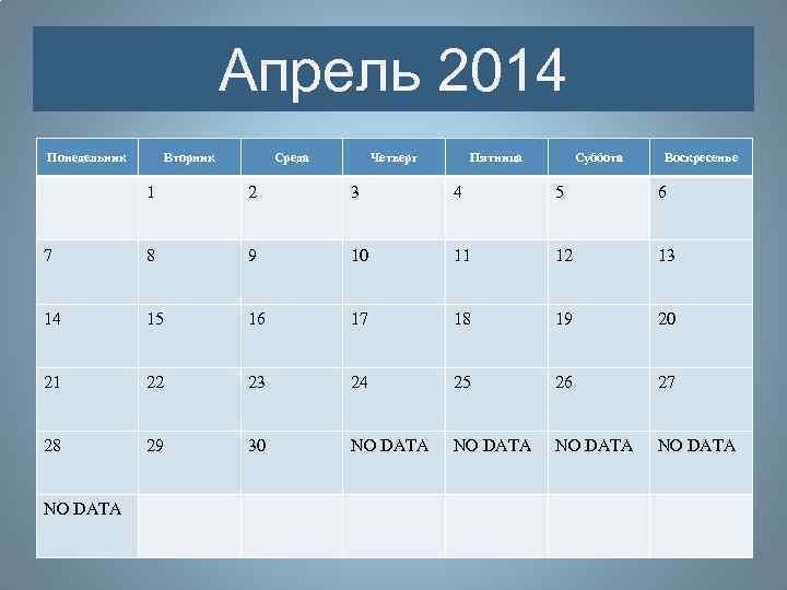 Апрель 2014 Понедельник Вторник Среда Четверг Пятница Суббота Воскресенье 1 2 3 4 5