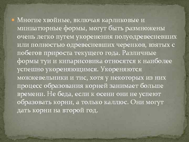  Многие хвойные, включая карликовые и миниатюрные формы, могут быть размножены очень легко путем
