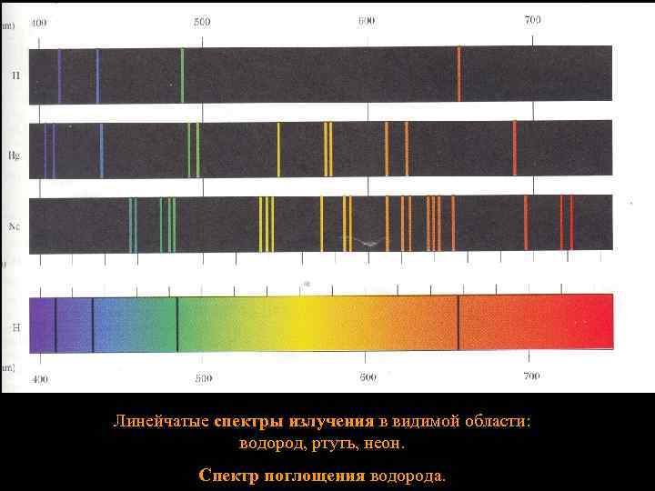 Линейчатые спектры излучения в видимой области: водород, ртуть, неон. Спектр поглощения водорода. 21 