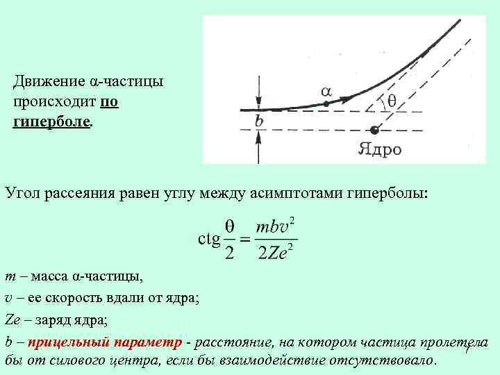 Движение α-частицы происходит по гиперболе. Угол рассеяния равен углу между асимптотами гиперболы: m –