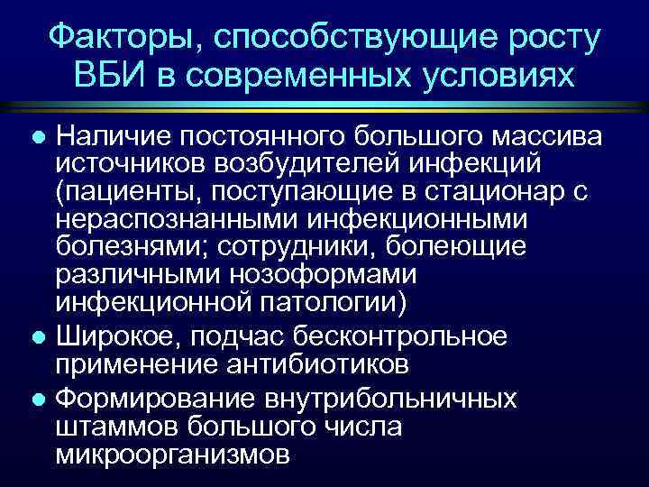 Факторы, способствующие росту ВБИ в современных условиях Наличие постоянного большого массива источников возбудителей инфекций