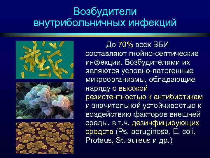 Возбудители внутрибольничных инфекций До 70% всех ВБИ составляют гнойно-септические инфекции. Возбудителями их являются условно-патогенные