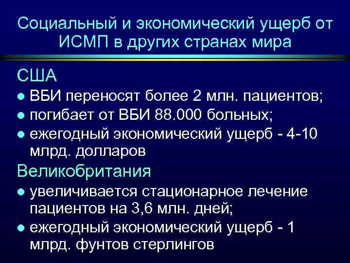 Социальный и экономический ущерб от ИСМП в других странах мира США ВБИ переносят более