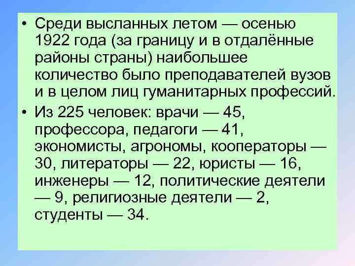  • Среди высланных летом — осенью 1922 года (за границу и в отдалённые