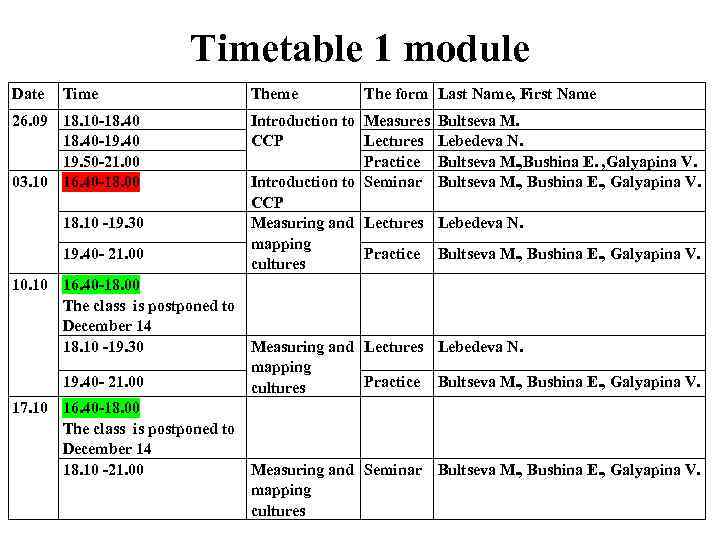 Timetable 1 module Date Time 26. 09 18. 10 -18. 40 -19. 40 19.